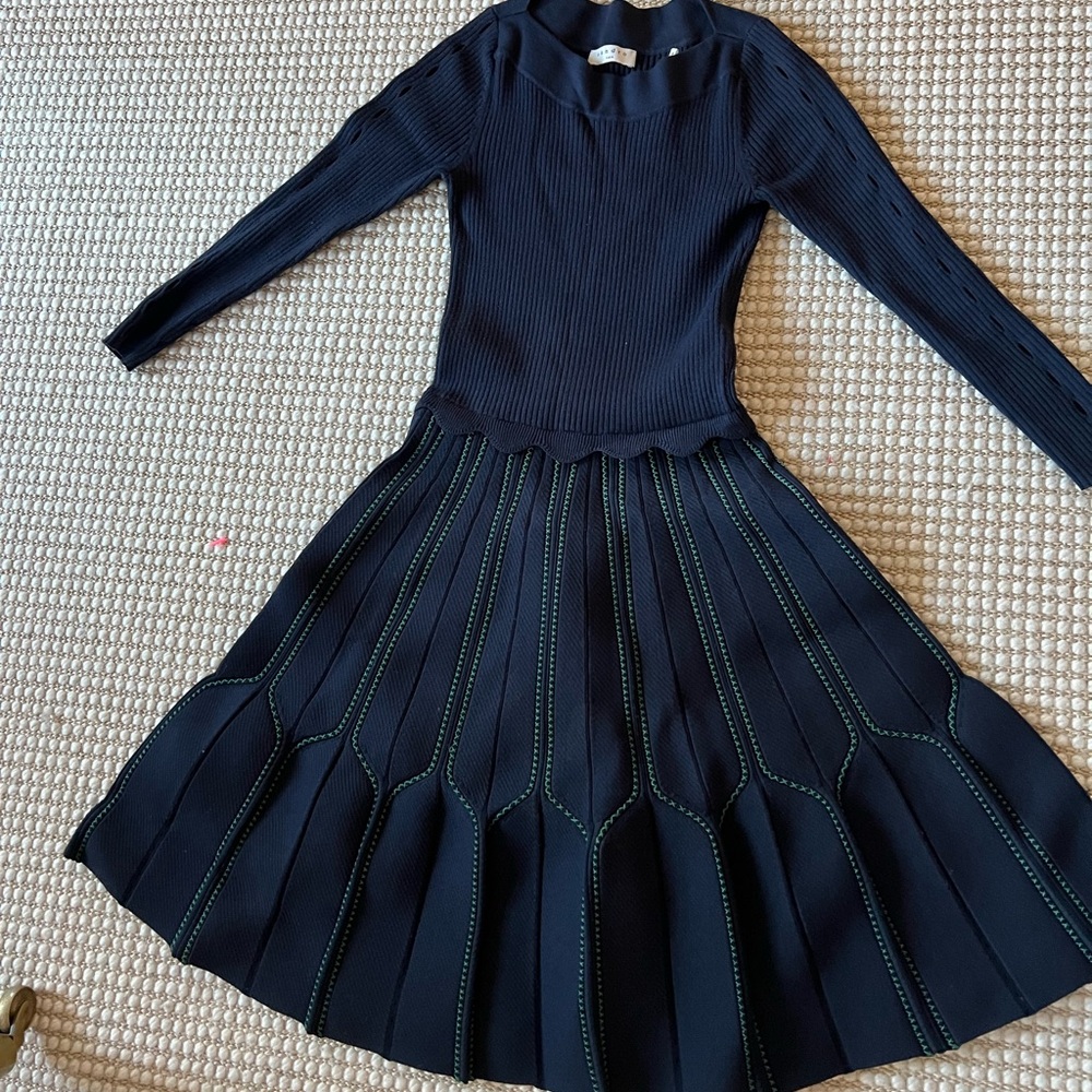 Sandro Navy Ribbed Knit Fit-and-Flare Dress with Green Stitching